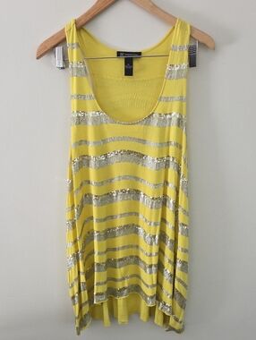 INC International Concepts Yellow Chartreuse Tunic with Silver Sequined Stripes